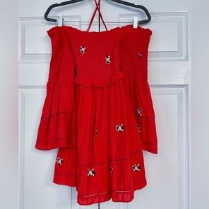 Free People EUC Counting Daisies Embroidered Off The Shoulder Bell Sleeve Dress